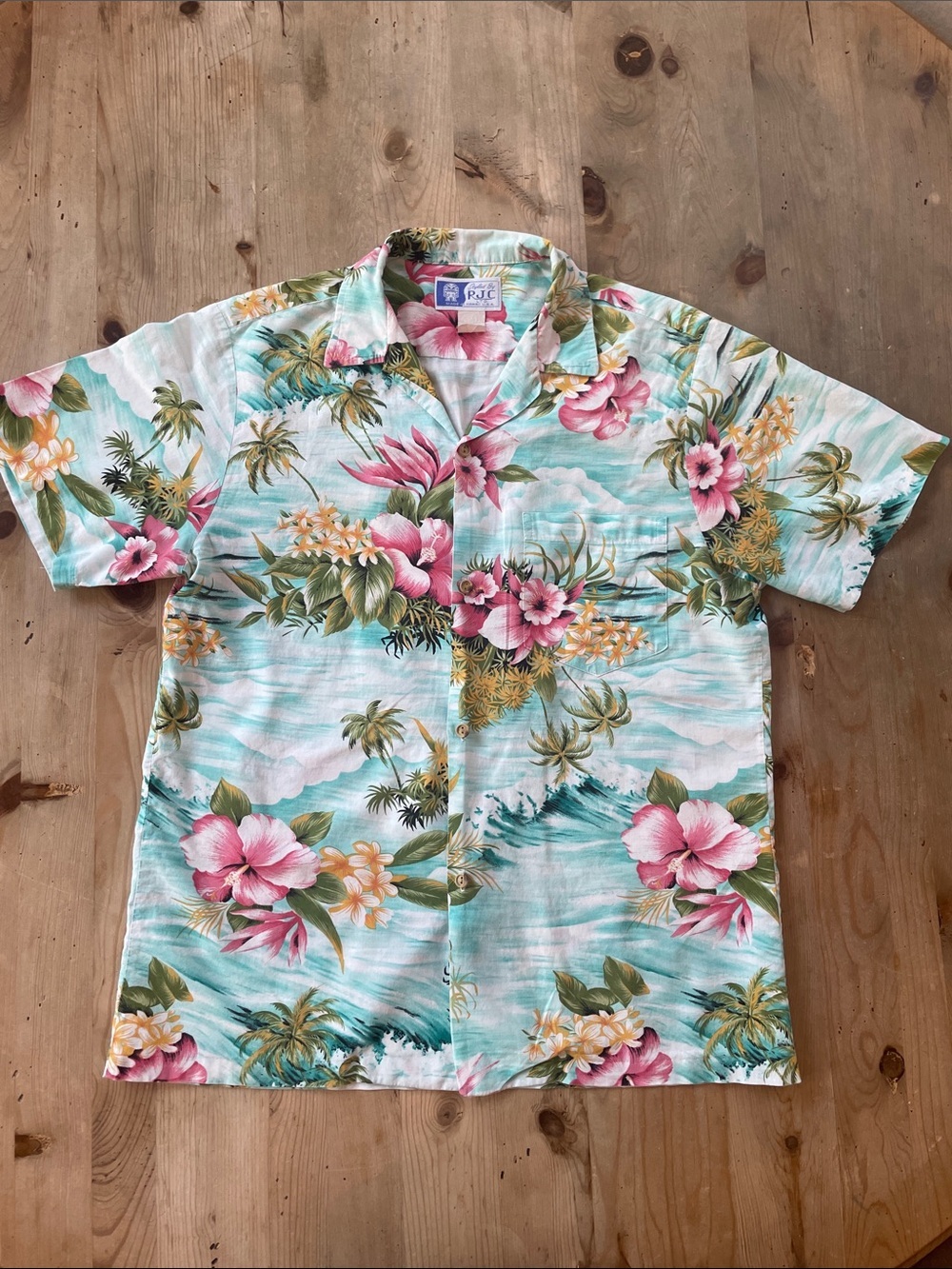 RJC Ltd Men's Tropical Floral Hawaiian Short Sleeve Button-Down Shirt Pink Aqua